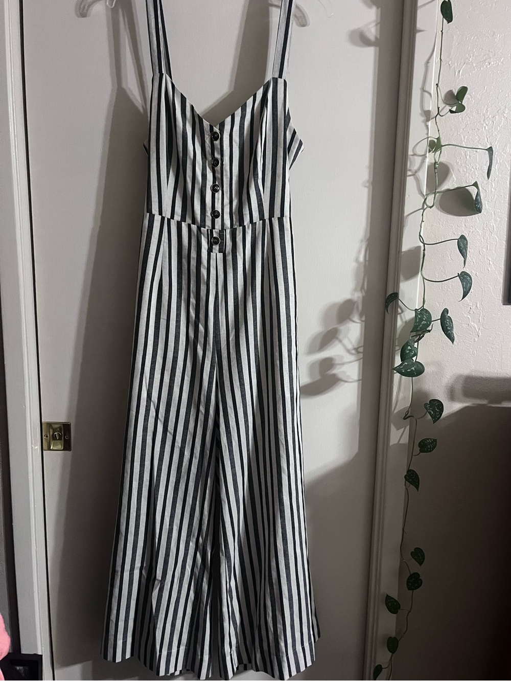 Ribbon Chix Boutique Vertical Charcoal Striped Wide-Leg Jumpsuit, NWT